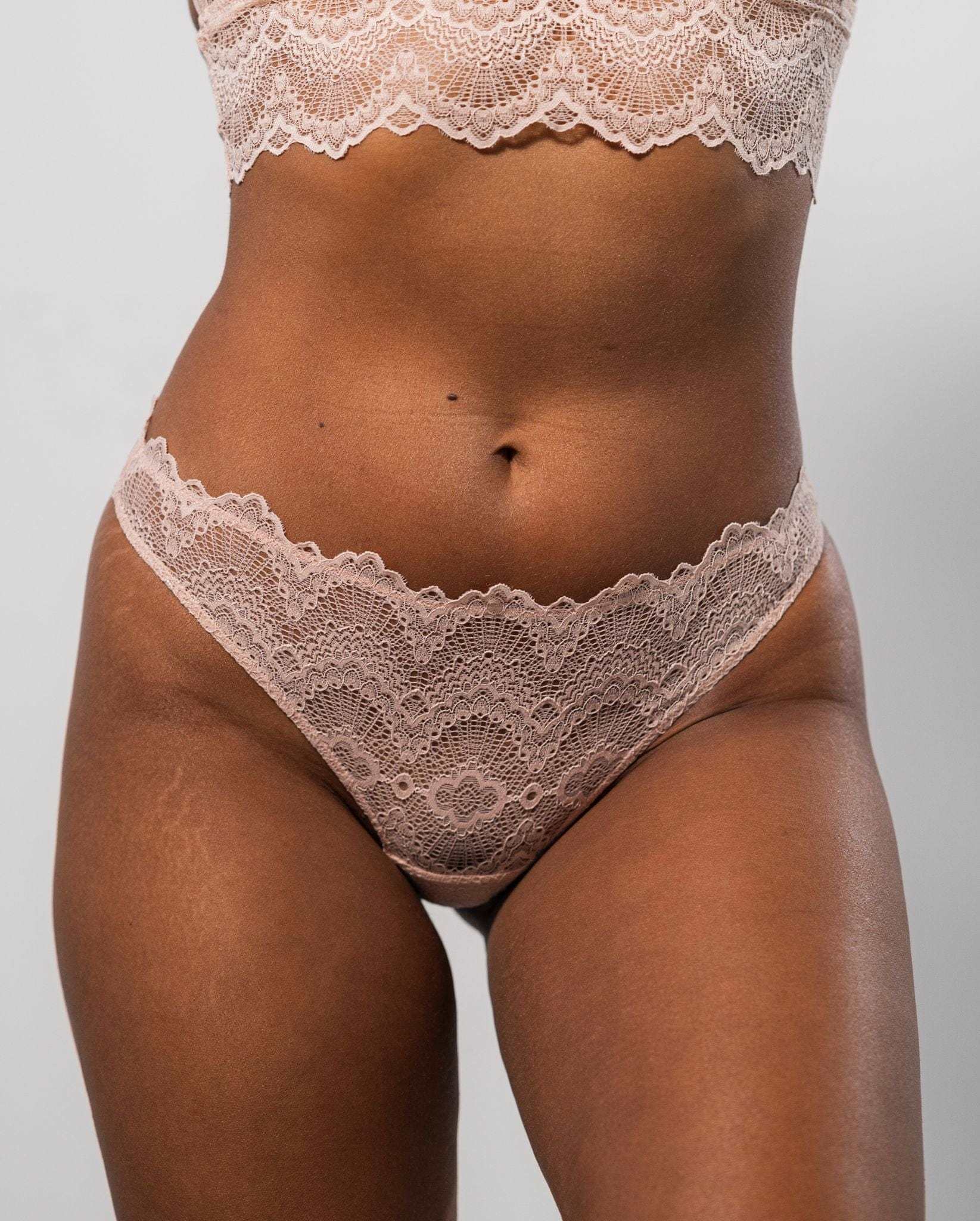 Understatement - Lace Thong - Nude Beige - Front Close view Understatement - Lace Thong - Nude Beige - Front Close view